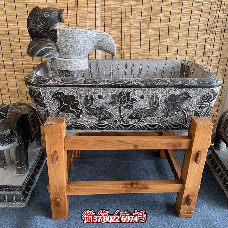 青石仿古長方形庭院荷花流水魚缸雕塑 青石仿古長方形庭院荷花流水魚缸雕塑