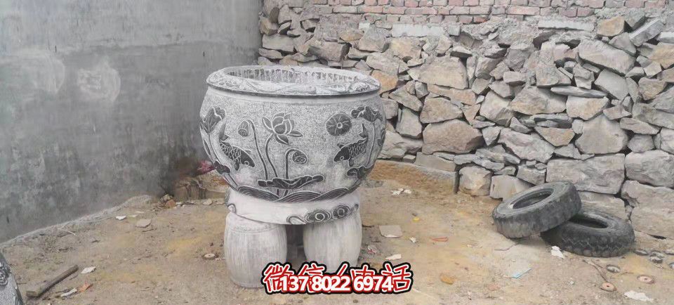 仿古庭院荷花鯉魚(yú)浮雕石雕缸雕塑