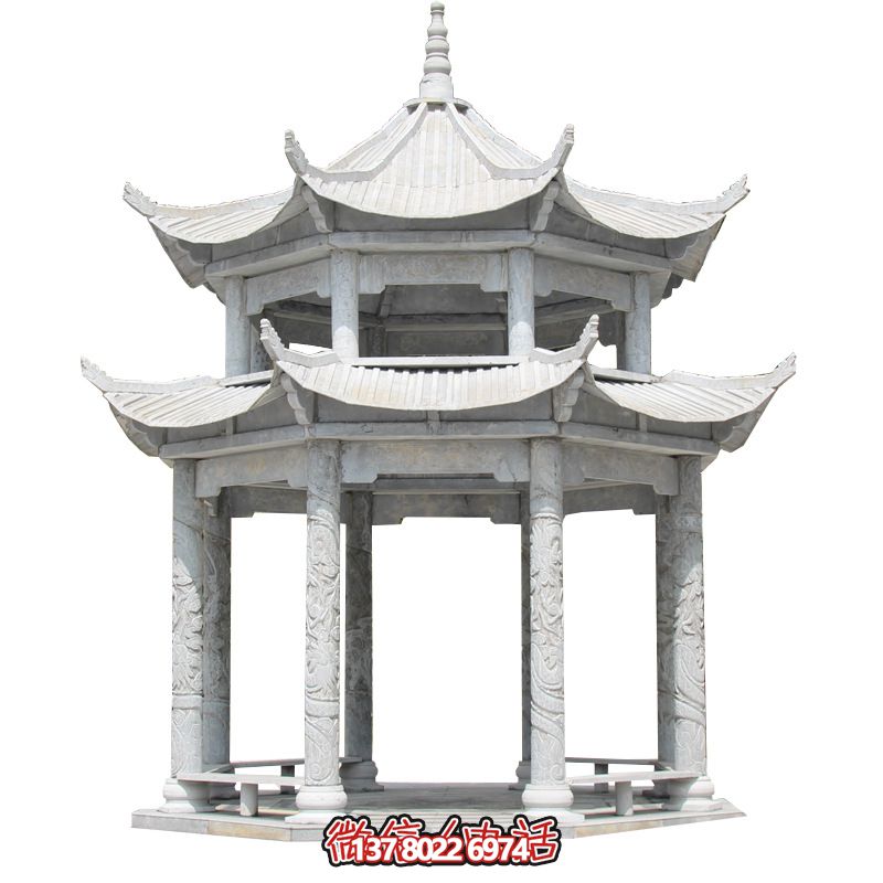 精美大理石雙層柱涼亭，雕塑點(diǎn)綴休息亭