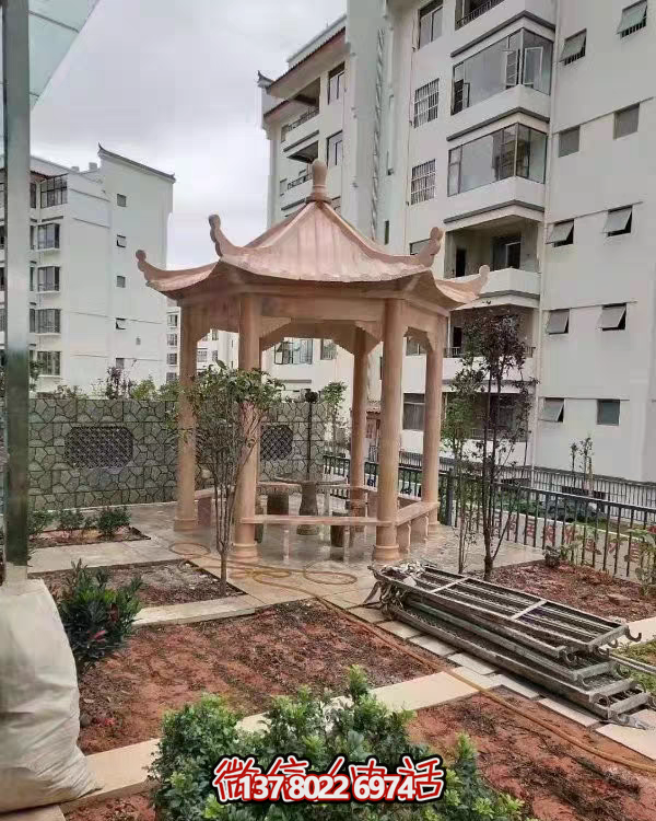 晚霞色石雕大理石涼亭，點(diǎn)綴園林美景